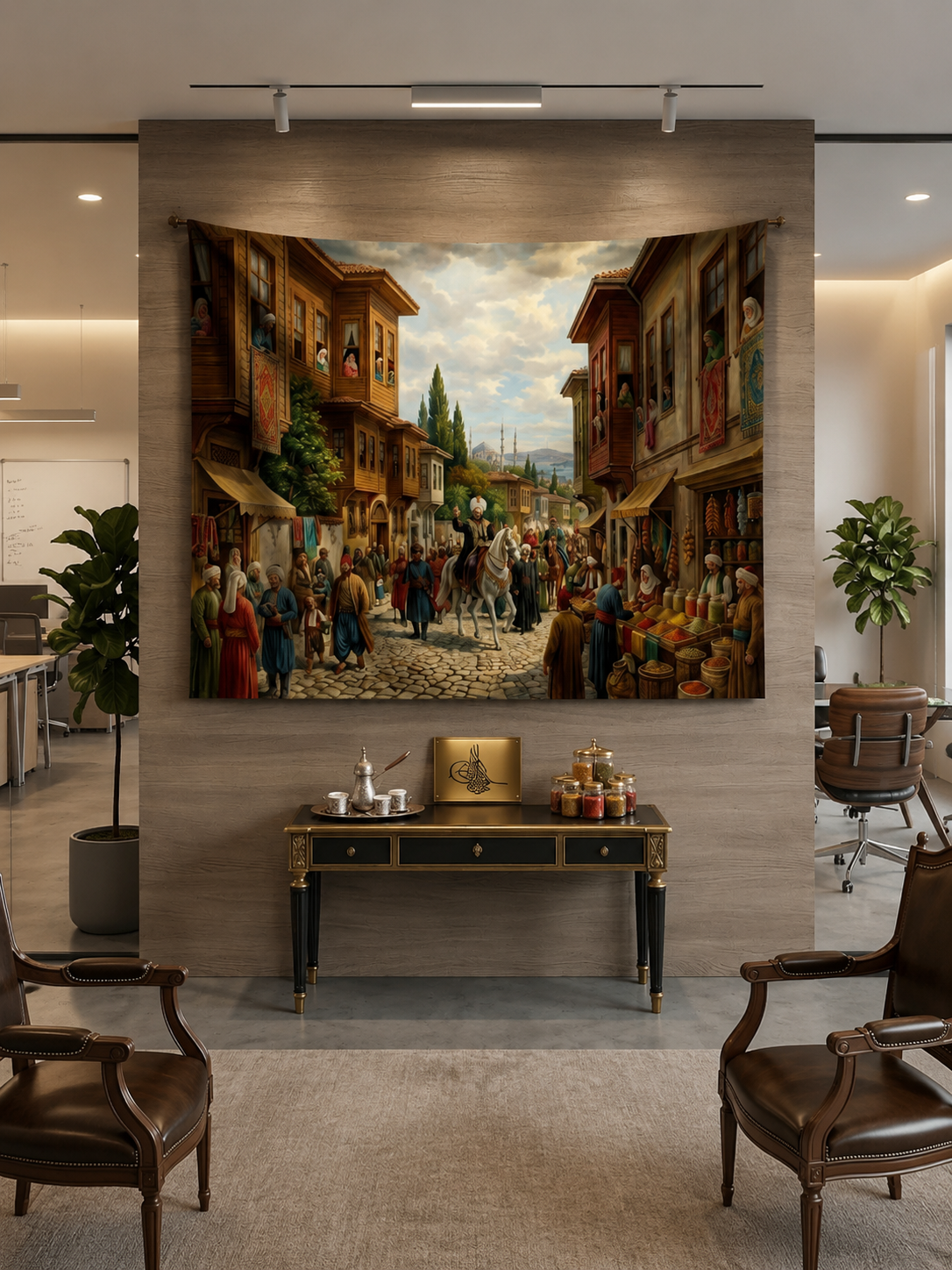 Osmanlı Çarşısı Duvar Örtüsü – Tarihi Şehir Yaşamı Dijital Baskı Duvar Halısı