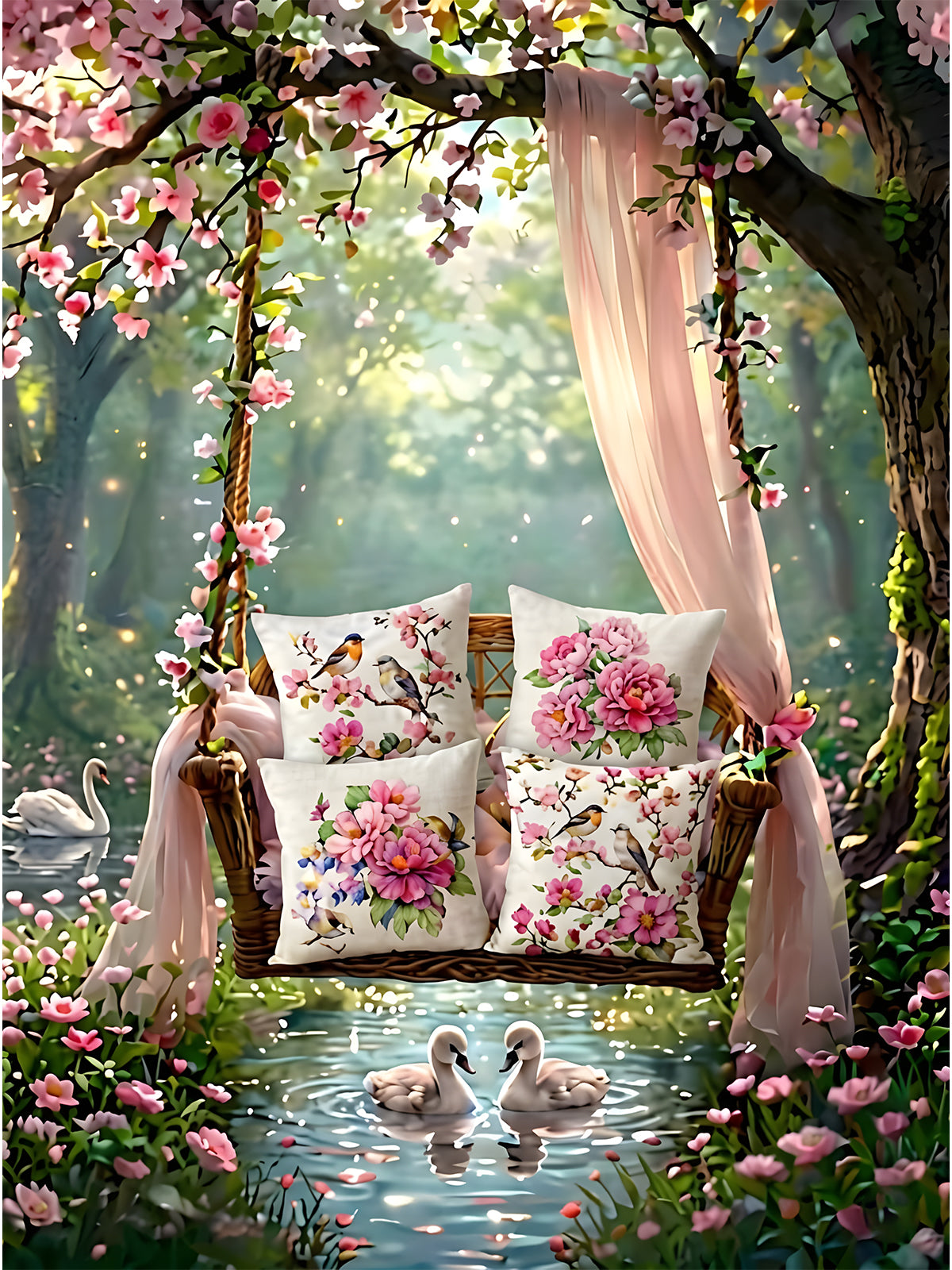 Bahar Bahçesi 43x43 cm Kırlent Kılıf Seti | 4'lü Dekoratif Kırlent Kılıfı