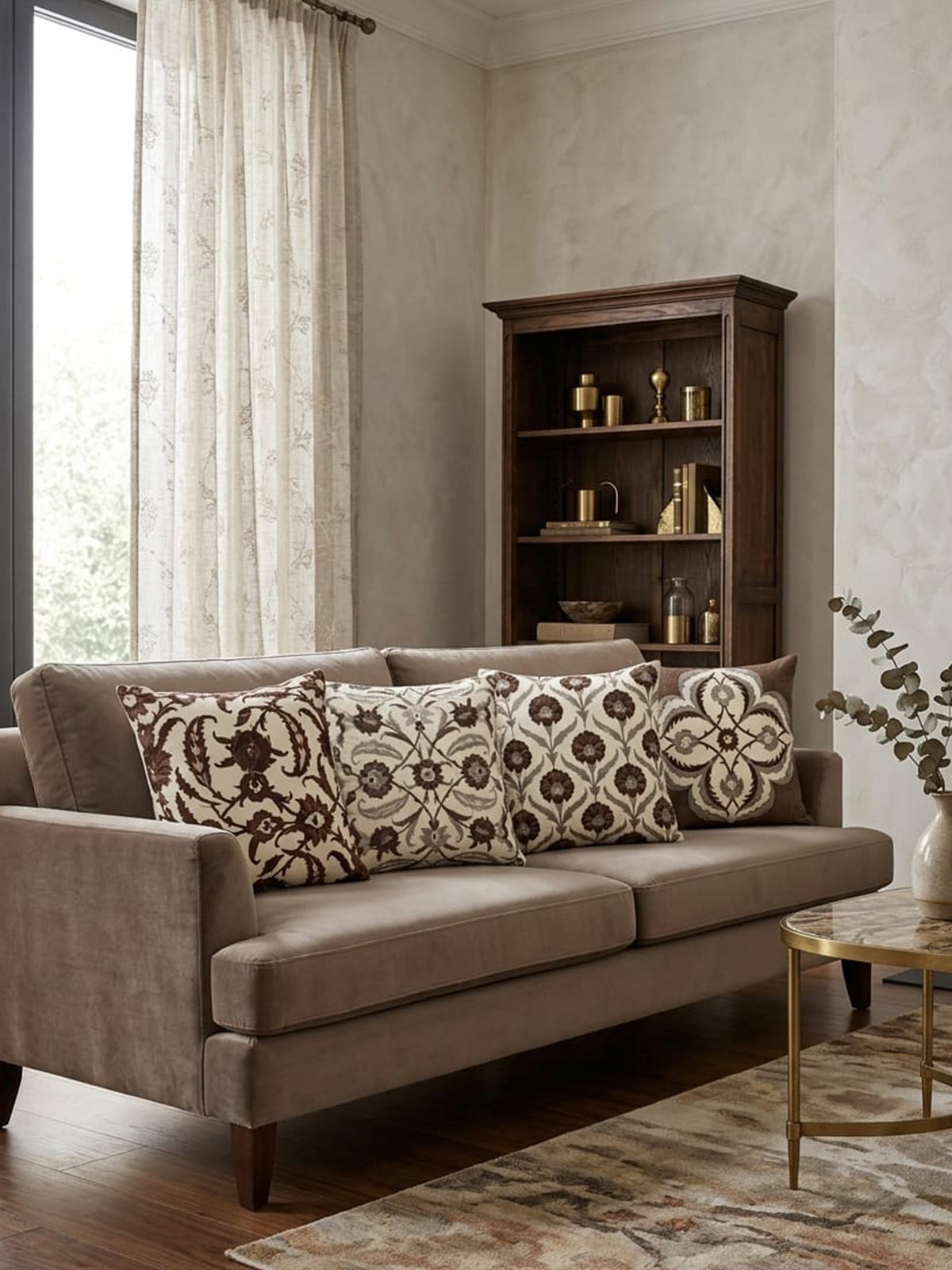 Vintage Çiçek Motifli 43x43 cm Kırlent Kılıf Seti | 4'lü Dekoratif Kırlent Kılıfı