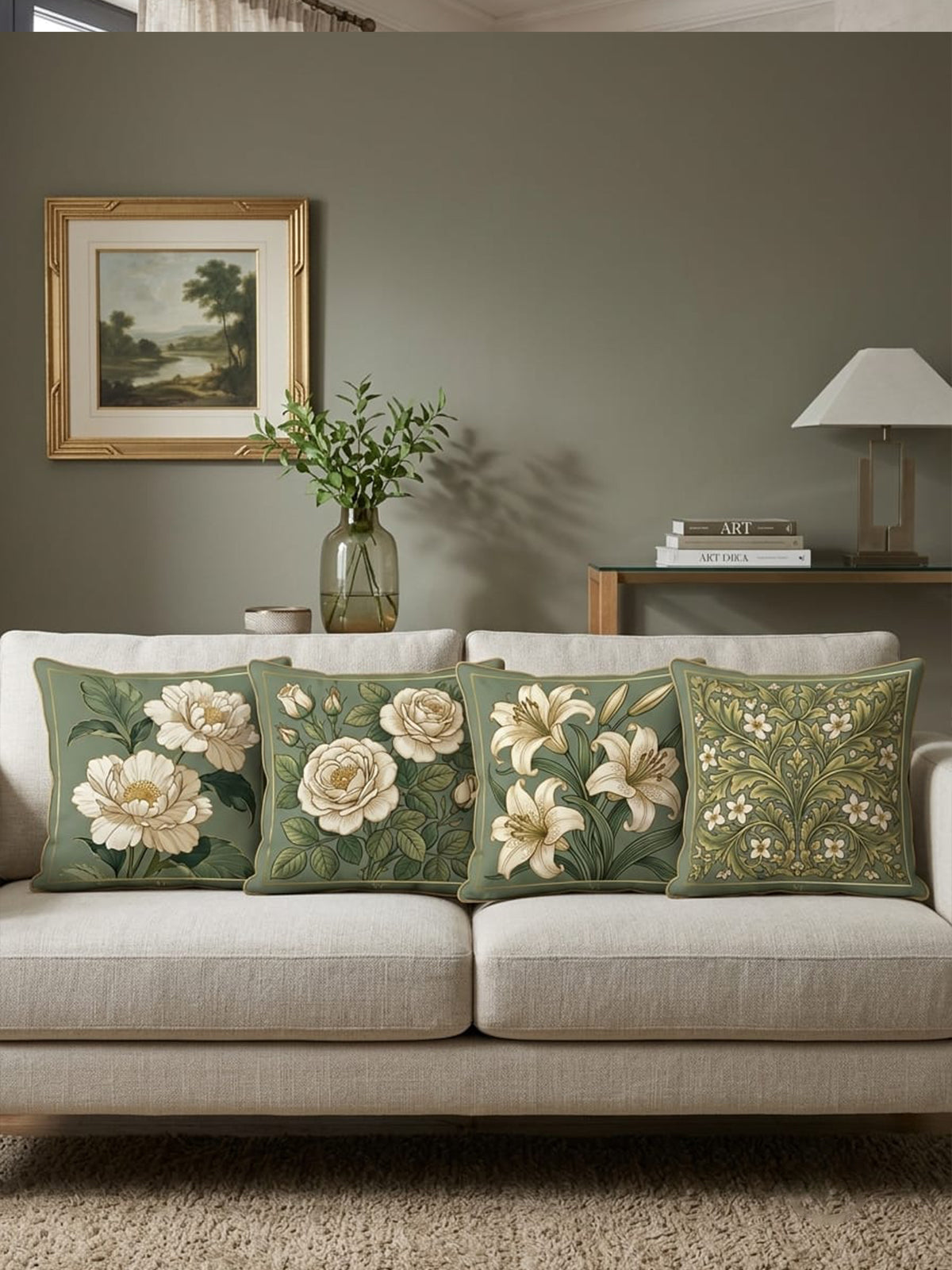 Yeşil Çiçek Desenli 43x43 cm Kırlent Kılıf Seti | 4'lü Dekoratif Kırlent Kılıfı