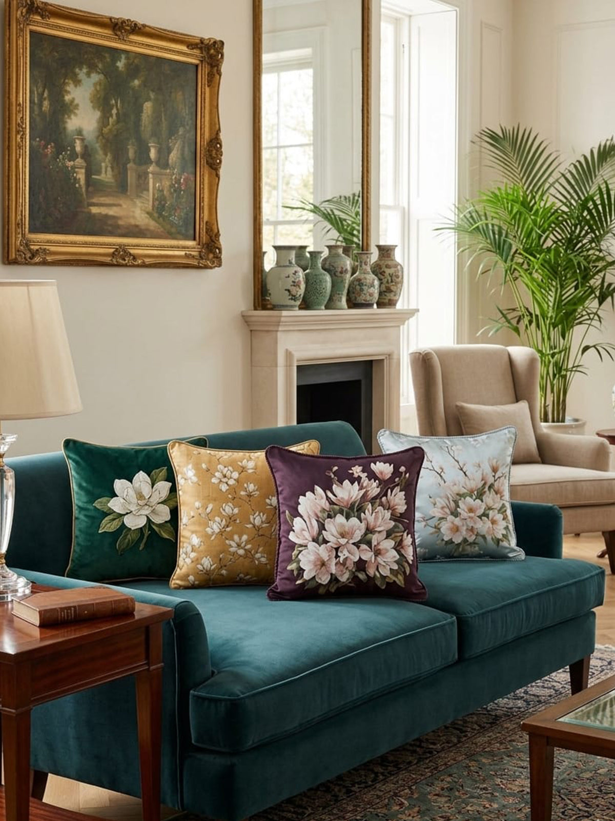 Magnolia Çiçekli 43x43 cm Kırlent Kılıf Seti | 4'lü Dekoratif Kırlent Kılıfı