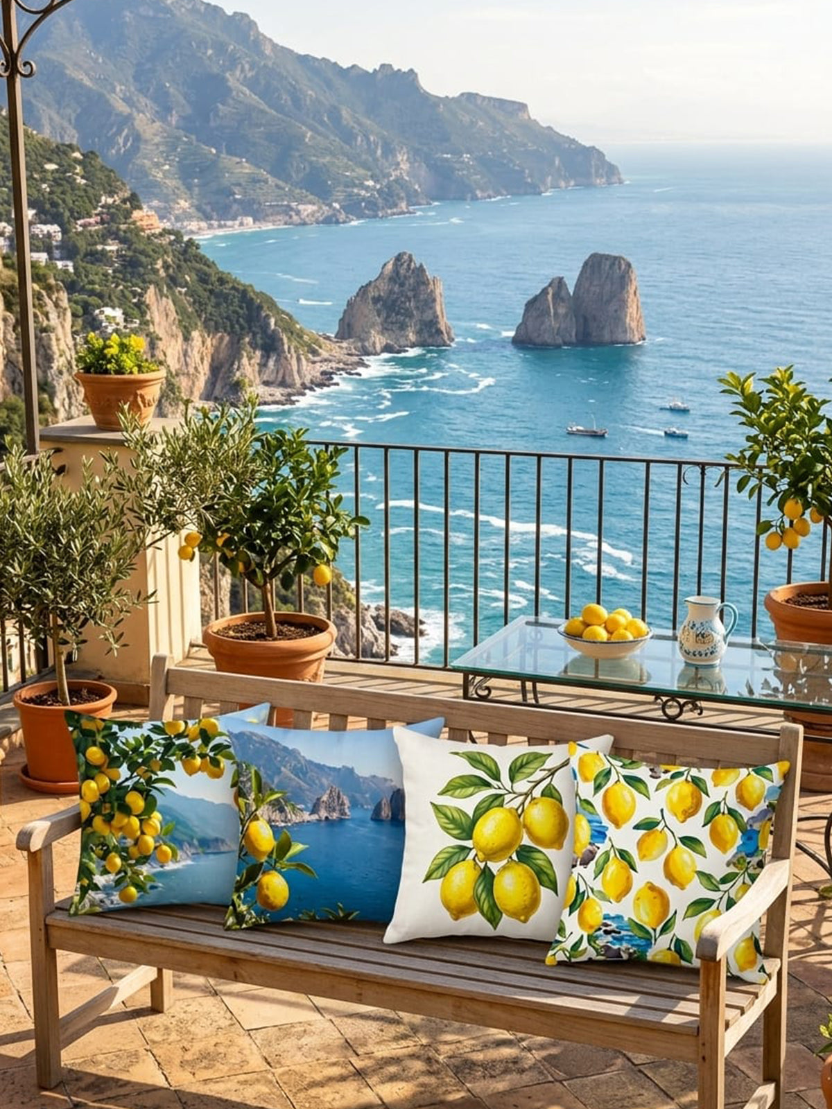 Amalfi Limon Desenli 43x43 cm Kırlent Kılıf Seti | 4'lü Dekoratif Kırlent Kılıfı