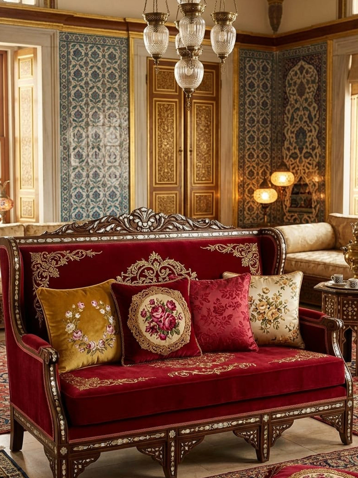 Osmanlı Saray Desenli 43x43 cm Kırlent Kılıf Seti | 4'lü Dekoratif Kırlent Kılıfı