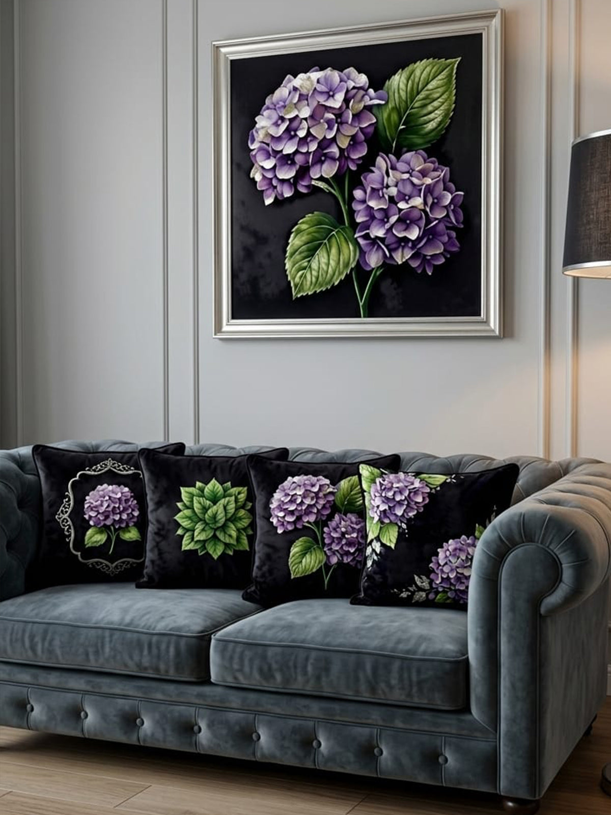 Siyah Ortanca Çiçeği | 43x43 cm 4'lü Dekoratif Kırlent Kılıf Seti