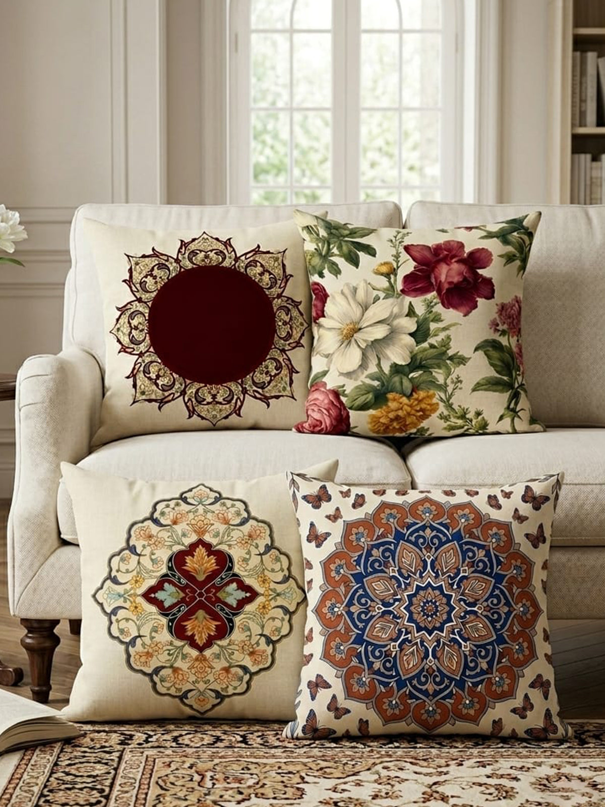 Mandala ve Çiçek Motifli | 43x43 cm 4'lü Dekoratif Kırlent Kılıf Seti