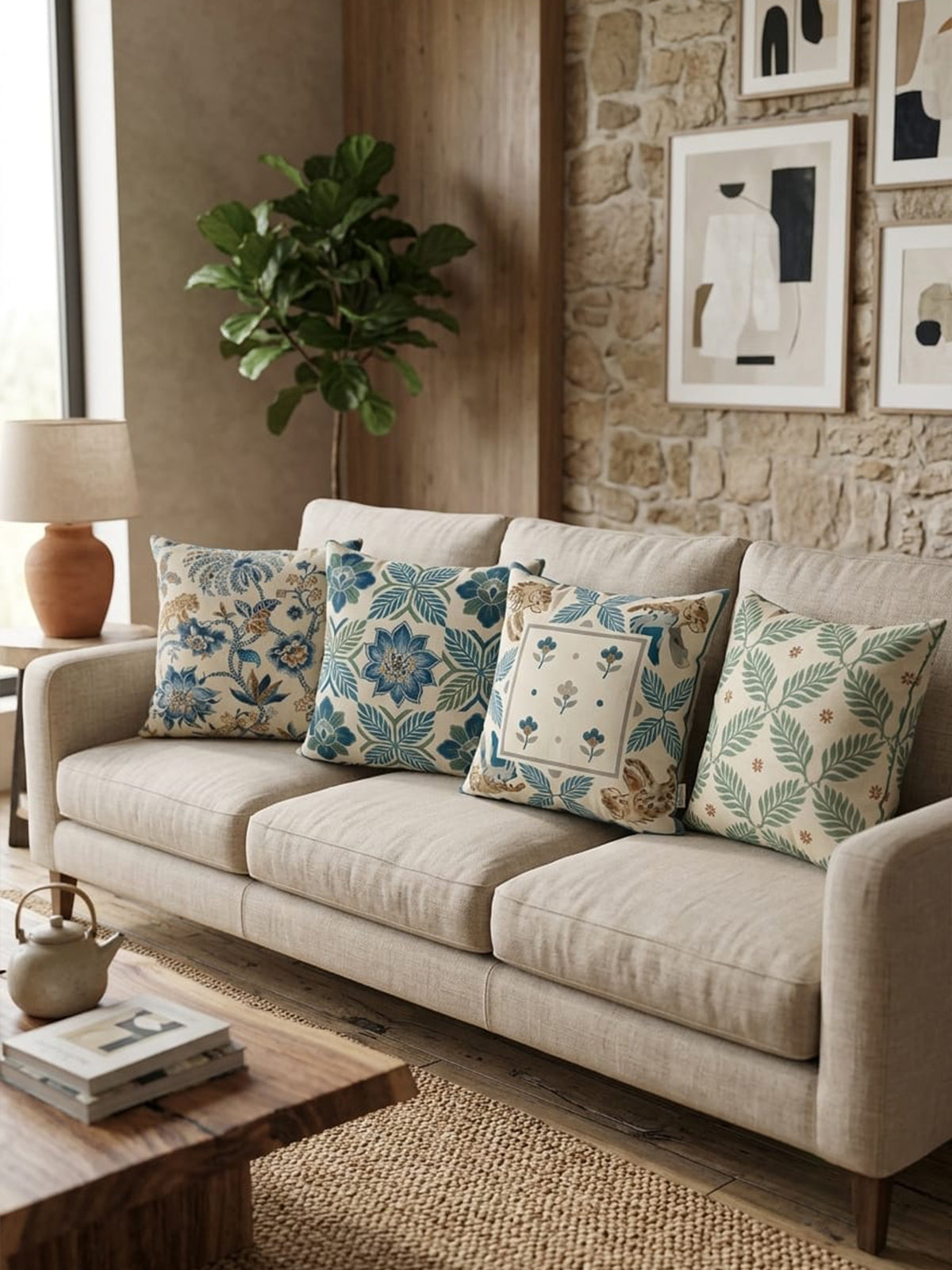 Mavi Yaprak Desenli Country | 43x43 cm 4'lü Dekoratif Kırlent Kılıf Seti