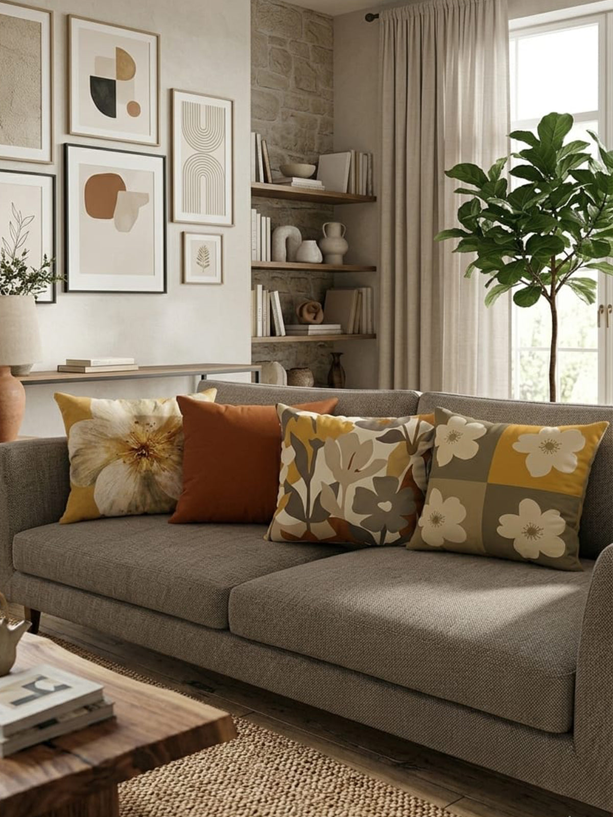 Modern Hardal Çiçek Desenli | 43x43 cm 4'lü Dekoratif Kırlent Kılıf Seti