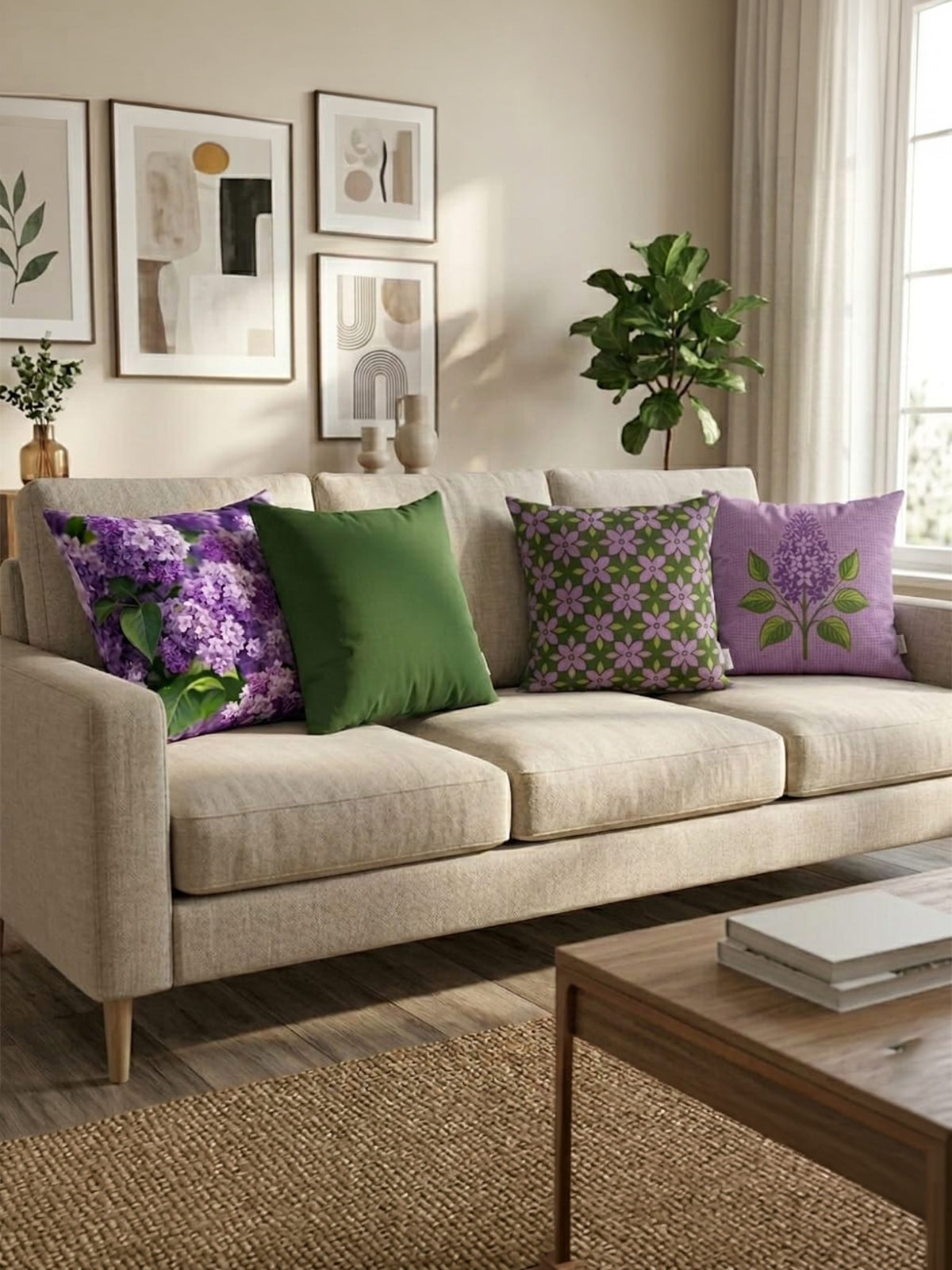 Mor Leylak Çiçekleri | 43x43 cm 4'lü Dekoratif Kırlent Kılıf Seti