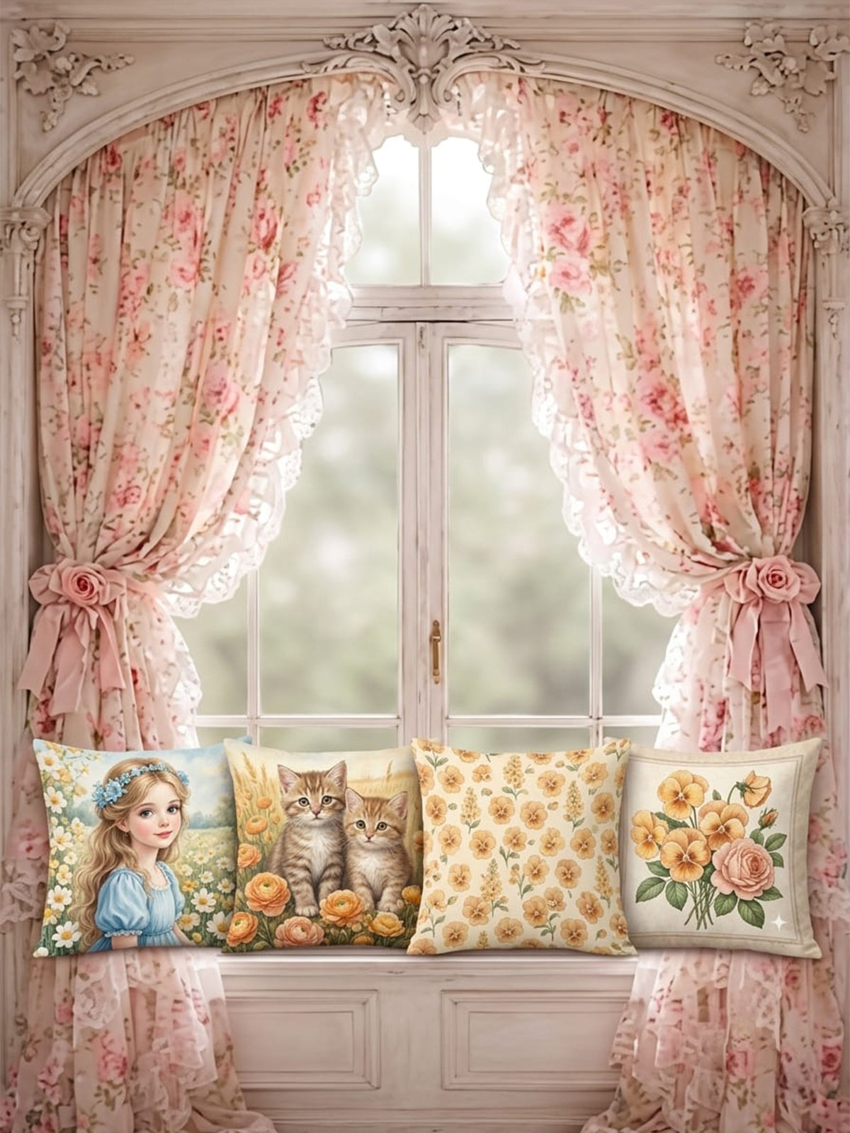 Romantik Cottage Çiçekli 43x43 cm Kırlent Kılıf Seti
