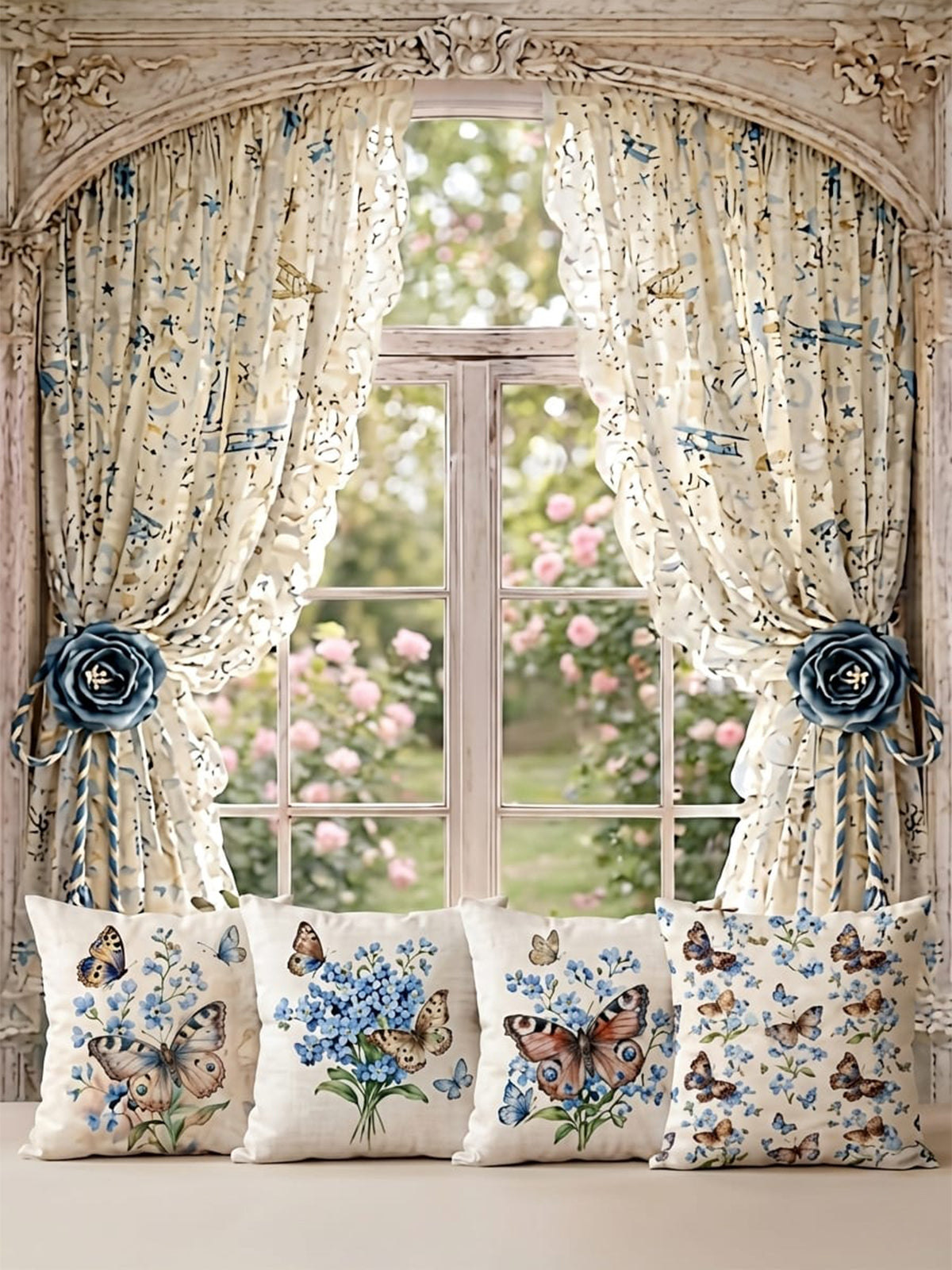Kelebek Desenli 43x43 cm Kırlent Kılıf Seti | 4'lü Dekoratif Kırlent Kılıfı