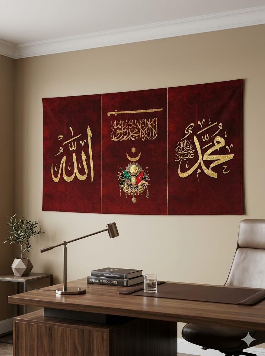 Allah, Muhammed ve Kelime-i Tevhid Duvar Örtüsü – Osmanlı Armalı 3 Parçalı Tasarım
