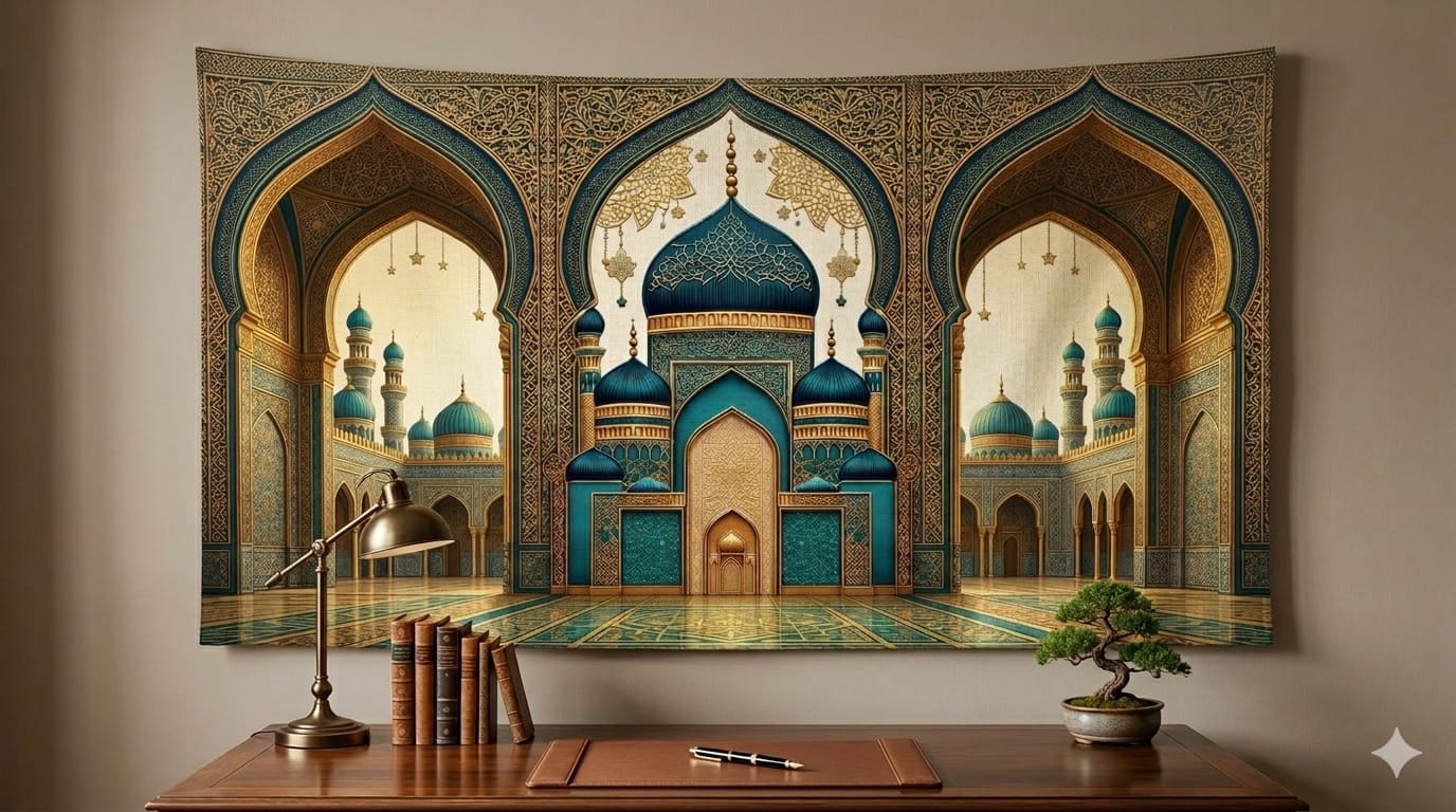 İslam Mimarisi Duvar Örtüsü – Turkuaz Kubbeli Cami Tasarımı Duvar Halısı