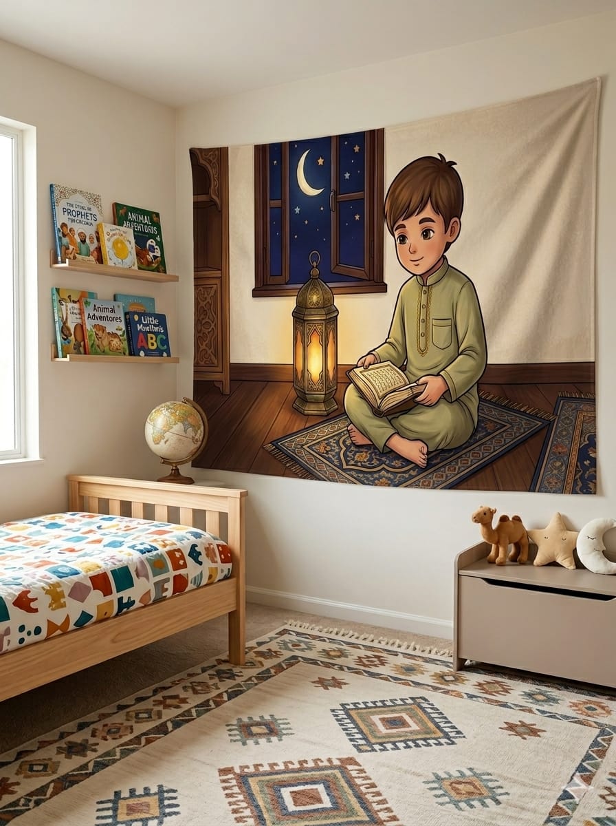 Kur'an Okuyan Erkek Çocuk Duvar Örtüsü | İslami Çocuk Odası Duvar Dekoru