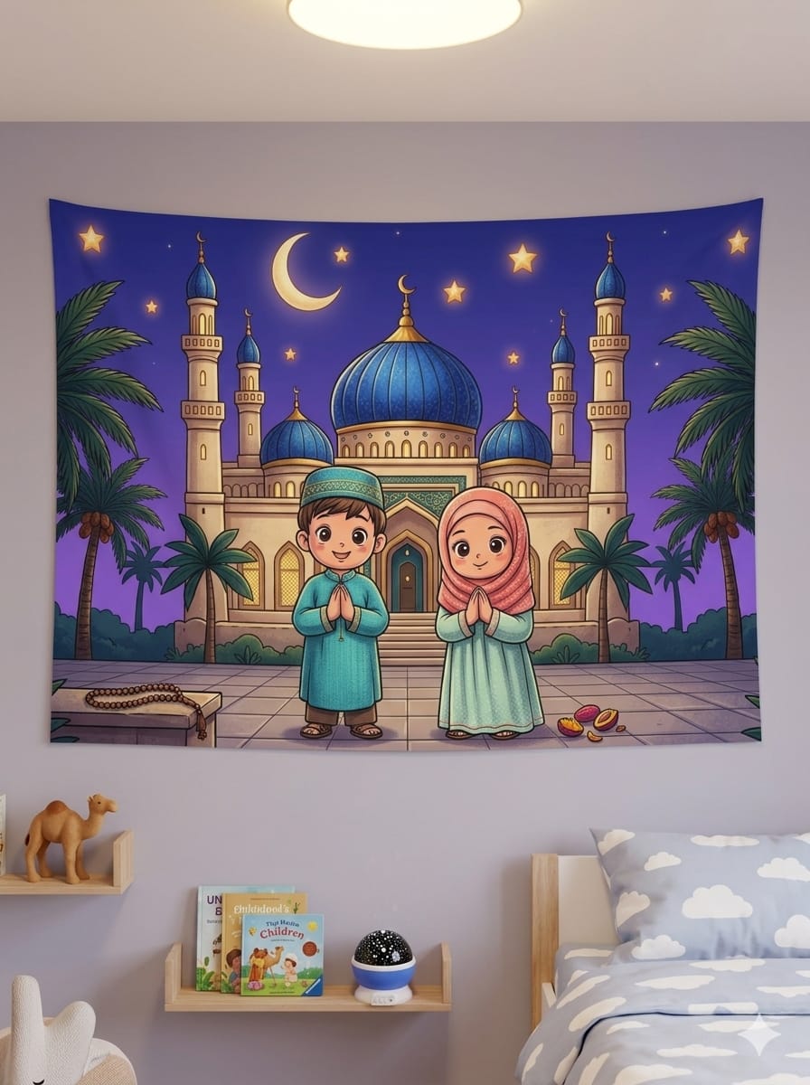 Dua Eden Çocuklar Cami Temalı Duvar Örtüsü | İslami Çocuk Odası