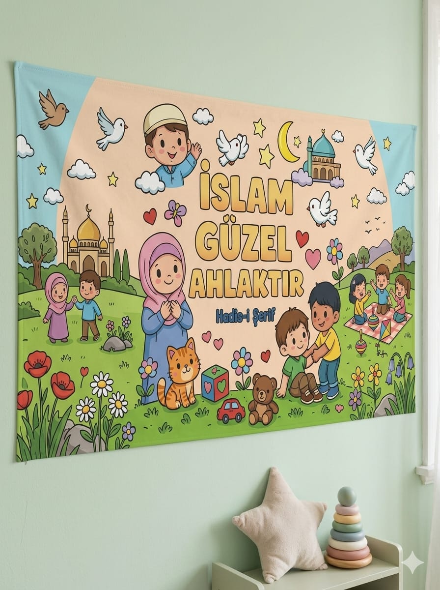 İslam Güzel Ahlaktır Hadis-i Şerif Çocuk Duvar Örtüsü | Eğitici İslami Dekor
