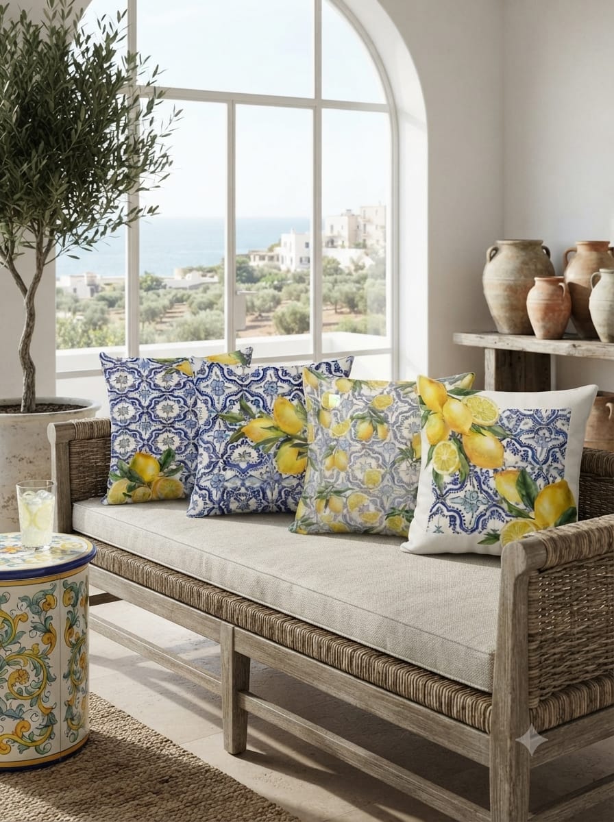 Akdeniz Limonları 4’lü Dekoratif Kırlent Kılıfı Seti – 43x43 cm