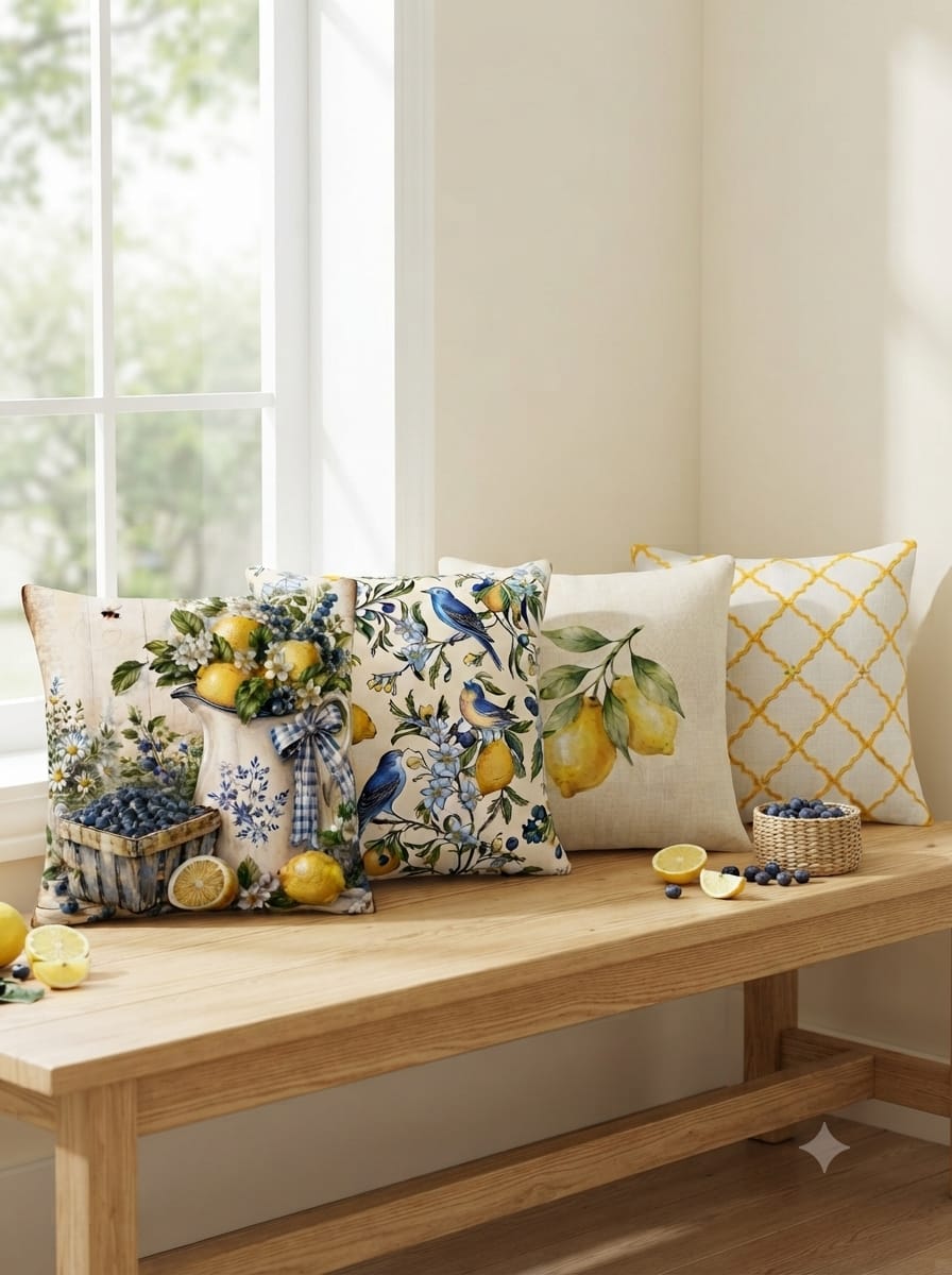Mavi Kuşlar ve Limonlar 4’lü Dekoratif Kırlent Kılıfı Seti – 43x43 cm