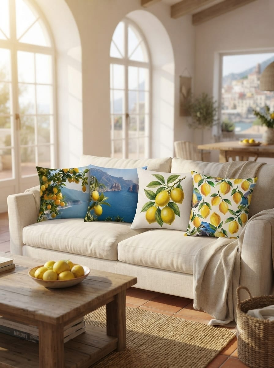 Amalfi Limon Desenli 43x43 cm Kırlent Kılıf Seti | 4'lü Dekoratif Kırlent Kılıfı