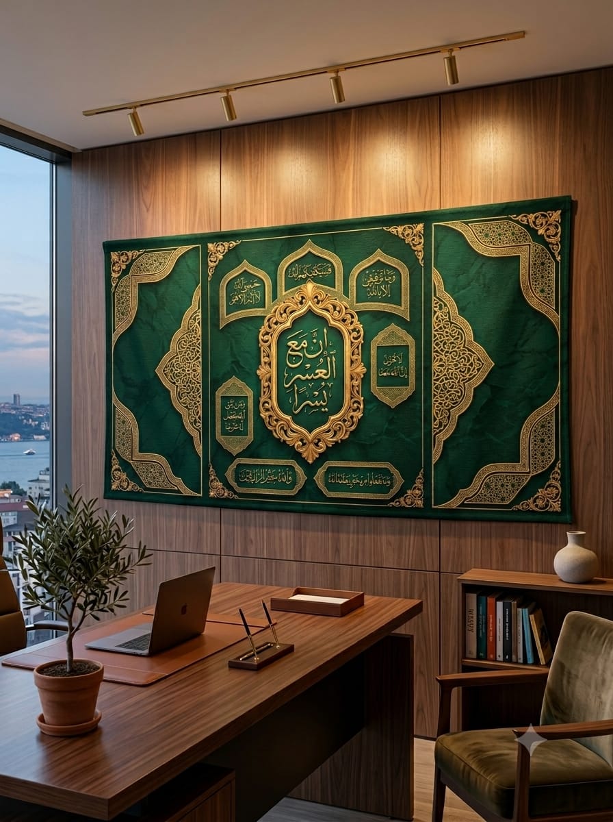 Esma-ül Hüsna "İnna Me'al Usri Yusrâ" Hat Sanatı Duvar Örtüsü
