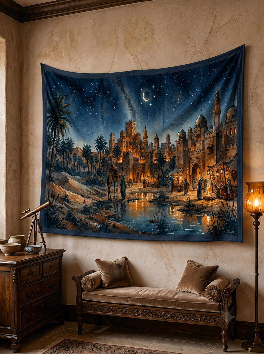 İslam Şehri Gece Manzarası Duvar Örtüsü | Ortadoğu Temalı Dekoratif Tapestry
