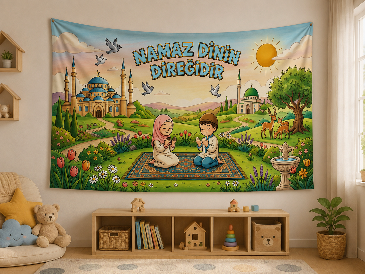 Namaz Dinin Direğidir Çocuk Duvar Örtüsü | Eğitici İslami Çocuk Odası Dekoru
