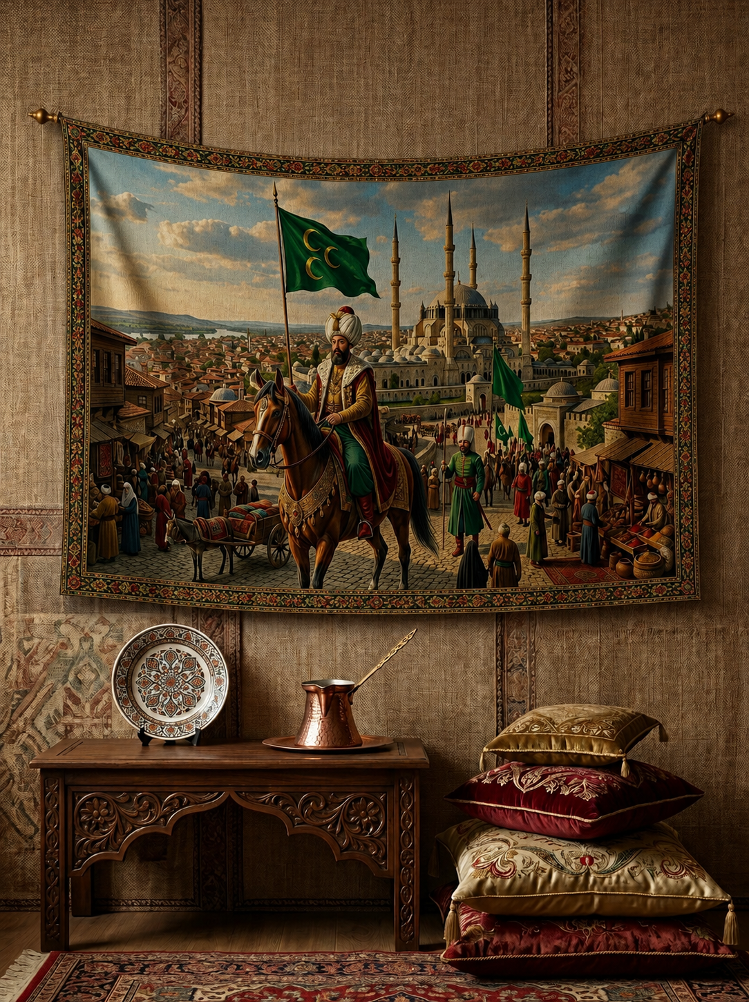 Fatih Sultan Mehmet İstanbul'a Giriş Duvar Örtüsü – Tarihi Osmanlı Tablosu